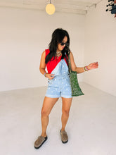 denim polka dot shorty overalls