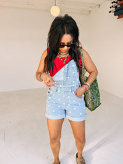 denim polka dot shorty overalls