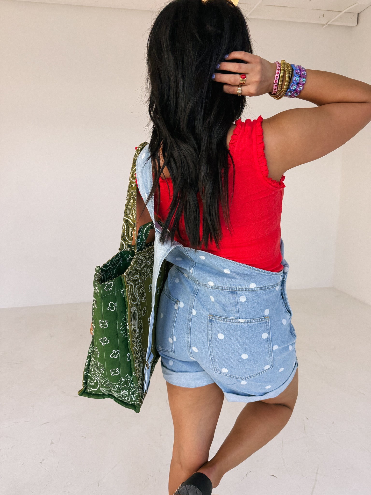 denim polka dot shorty overalls