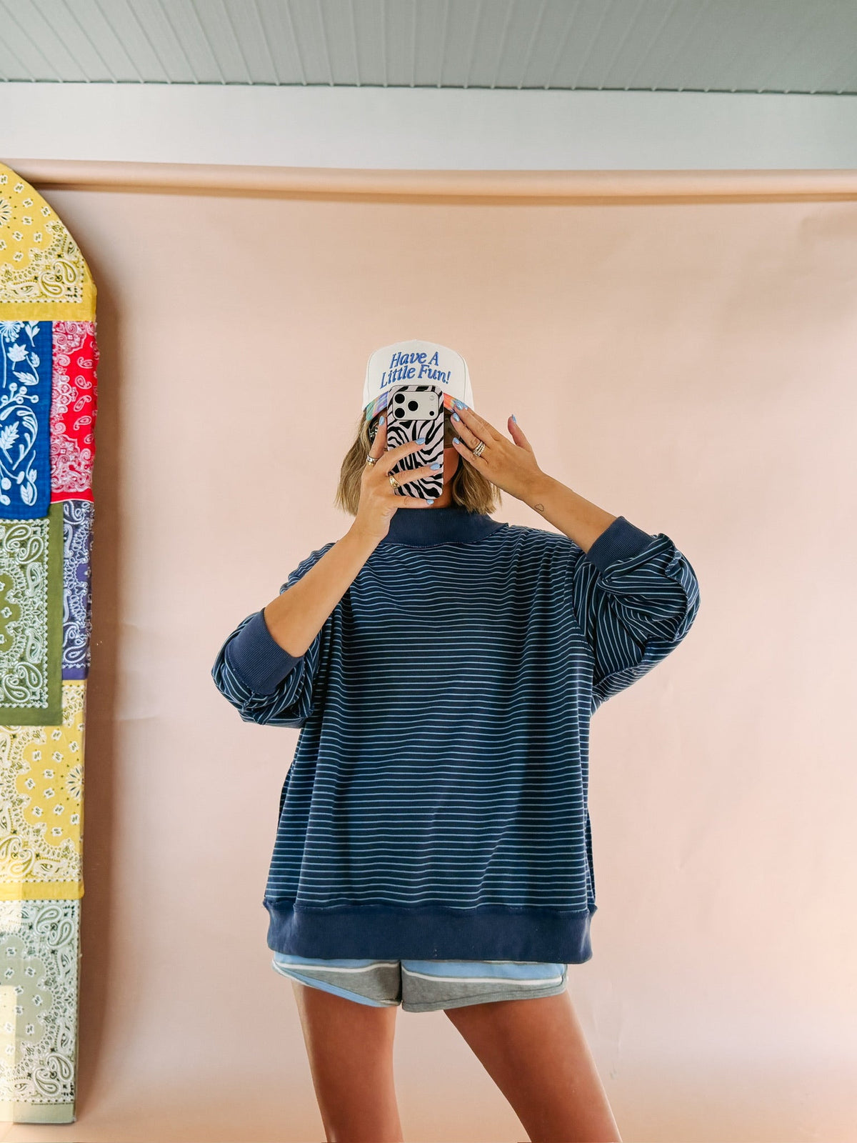 adore you blue stripe mock neck