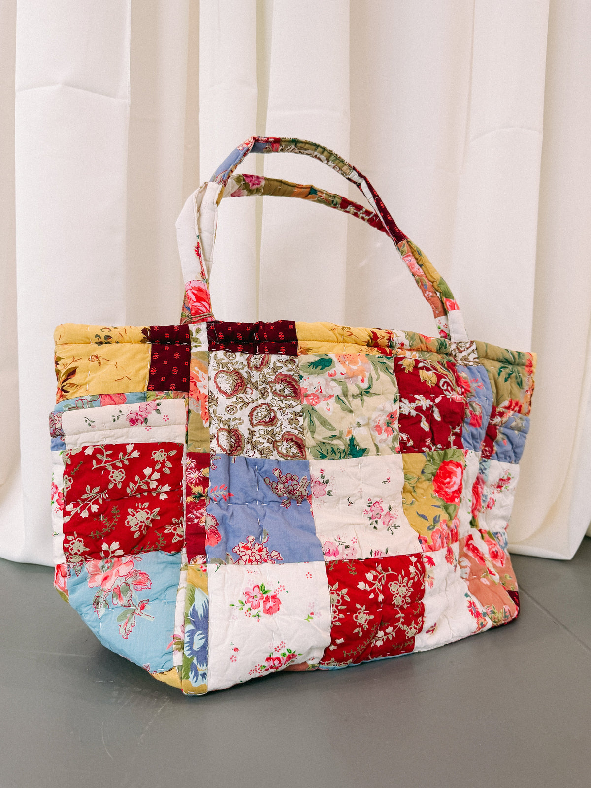 floral puffy patchwork tote bag