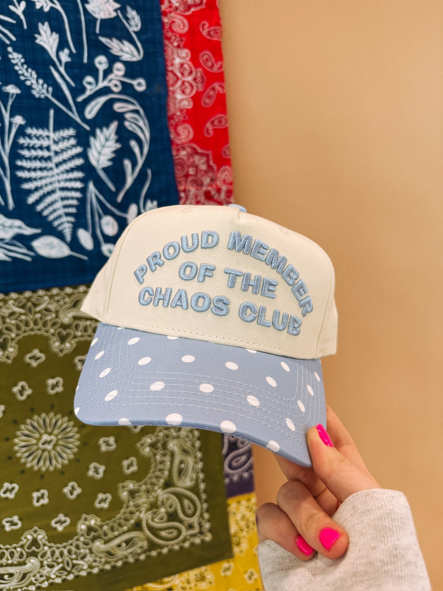 ETTA OG | chaos club trucker hat - denim / polka dot
