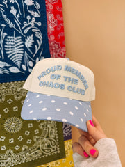 ETTA OG | chaos club trucker hat - denim / polka dot