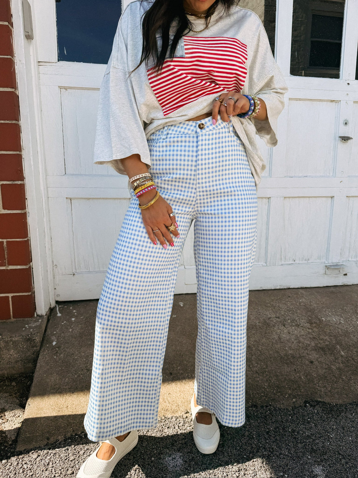 good news gingham pants - blue