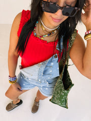 denim polka dot shorty overalls