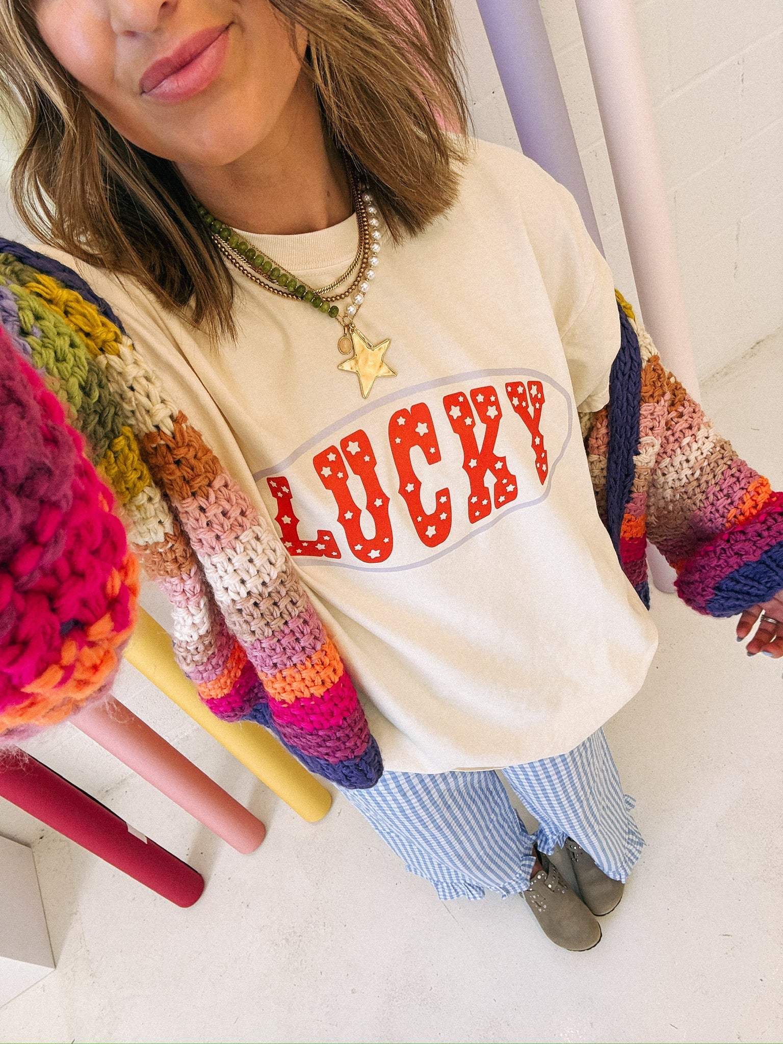 ETTA OG | star studded lucky graphic tee - ivory / red