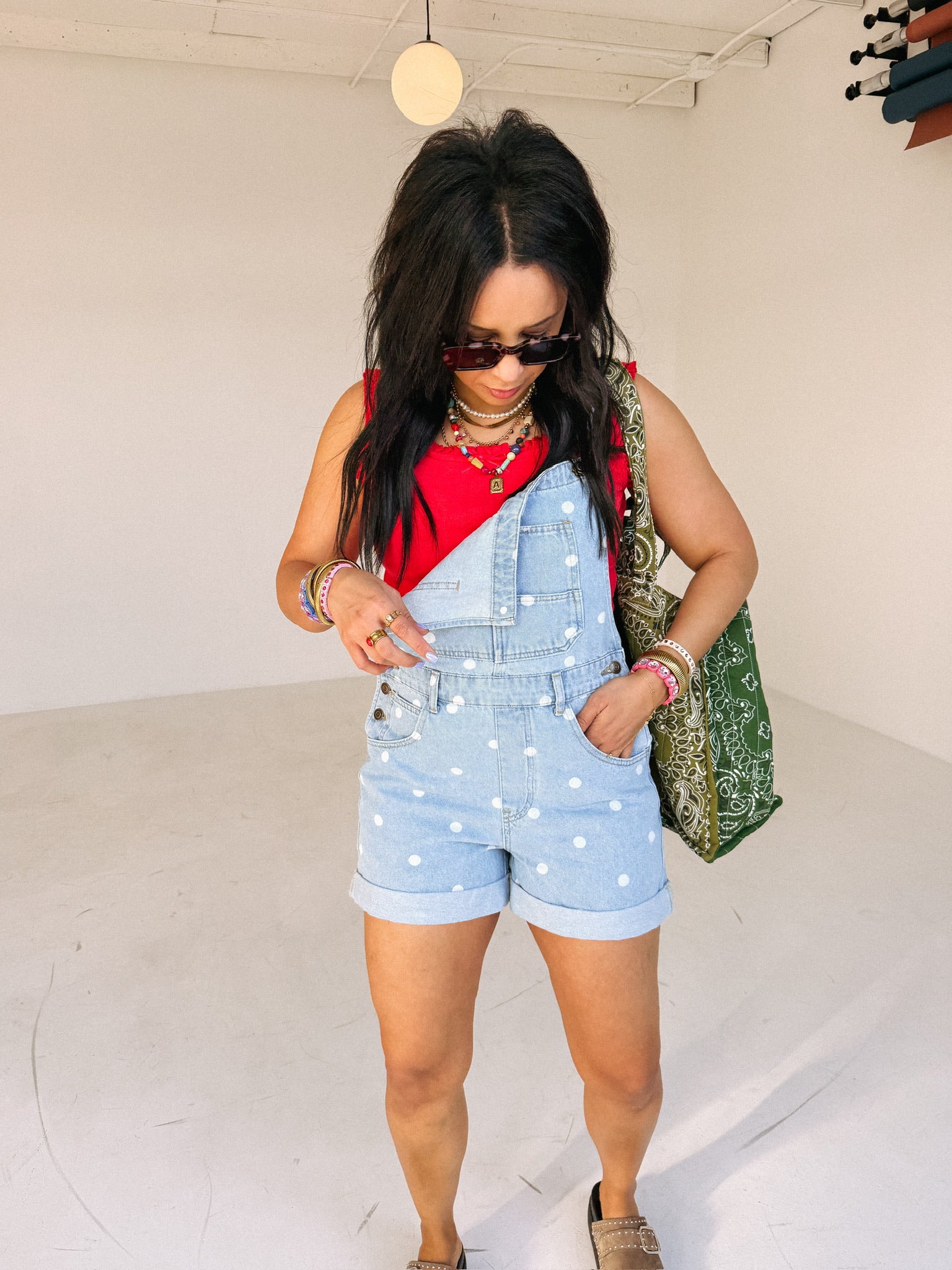 denim polka dot shorty overalls