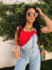 denim polka dot shorty overalls
