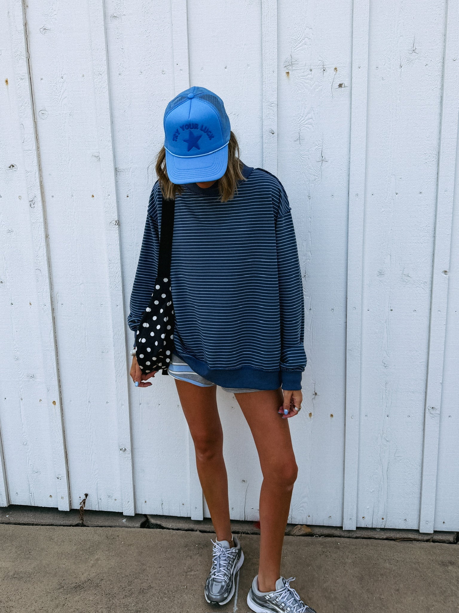 adore you blue stripe mock neck