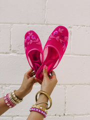fuchsia mesh beaded mules